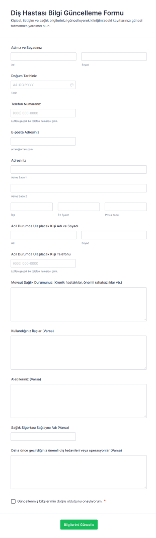 Diş Hastası Bilgi Güncelleme Form Şablonu