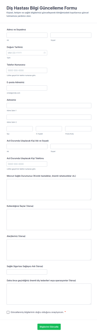 Diş Hastası Bilgi Güncelleme Form Şablonu