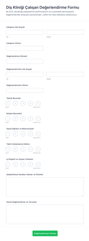 Diş Kliniği Çalışan Değerlendirme Form Şablonu