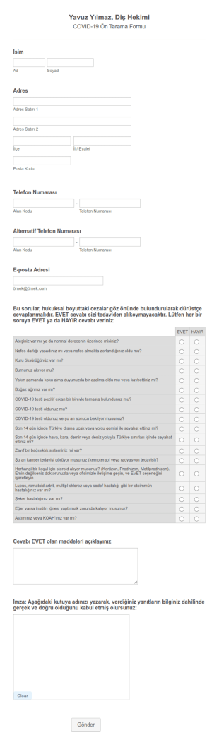 Diş Kliniği COVID 19 Ön Tarama Form Şablonu