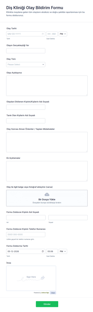 Diş Kliniği Olay Bildirim Form Şablonu