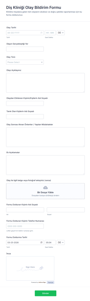 Diş Kliniği Olay Bildirim Form Şablonu