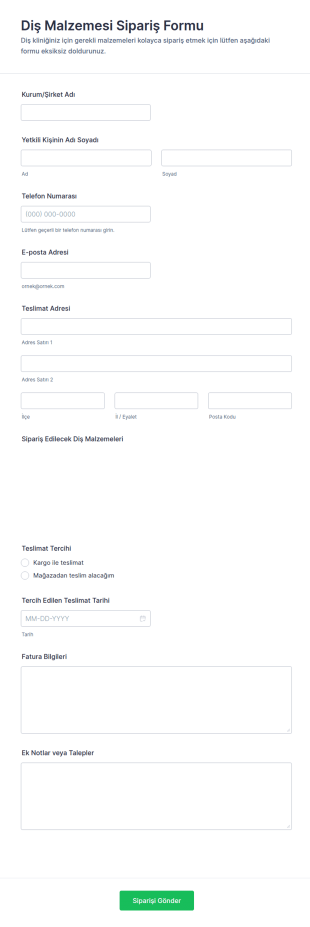 Diş Malzemesi Sipariş Form Şablonu