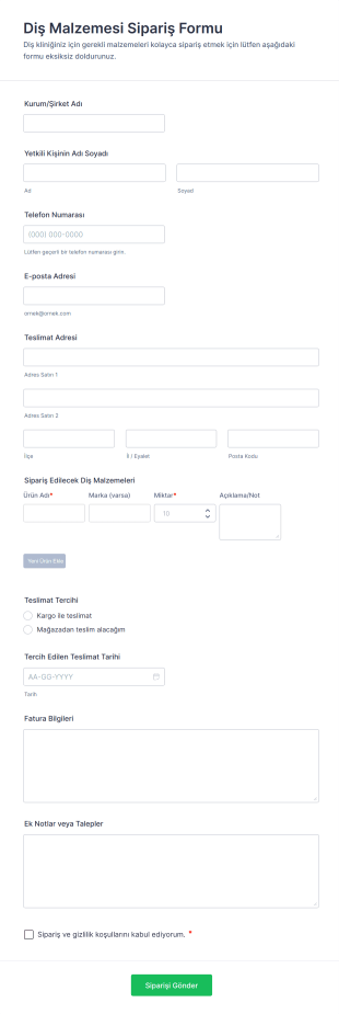 Diş Malzemesi Sipariş Form Şablonu