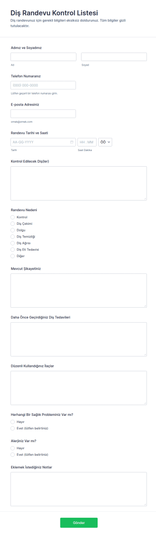 Diş Randevu Kontrol Listesi Formu 🦷 Form Şablonu