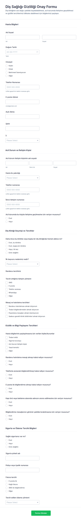 Diş Sağlığı Gizlilik Formu 🦷📝 Form Şablonu
