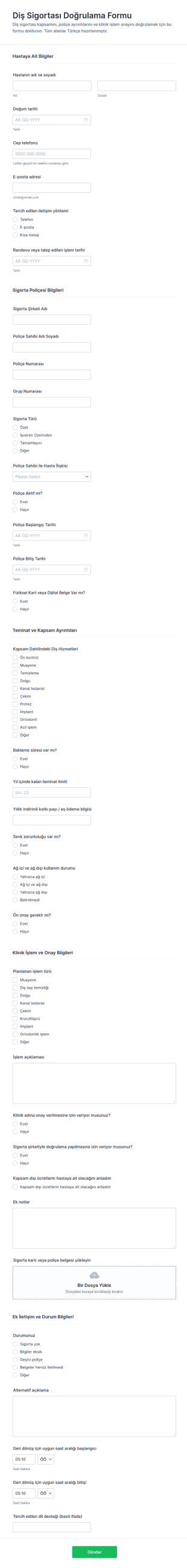 Diş Sigortası Doğrulama Form Şablonu