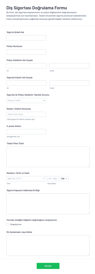 Diş Sigortası Doğrulama Form Şablonu