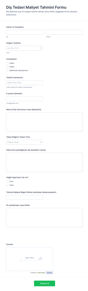 Diş Tahmini Form Şablonu