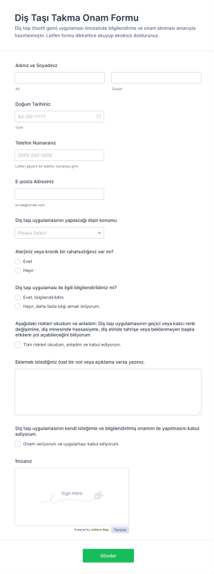 Diş Taşı Takma Onam Form Şablonu