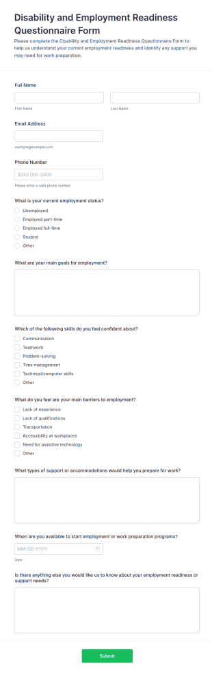 Disability And Employment Readiness Questionnaire Form Template
