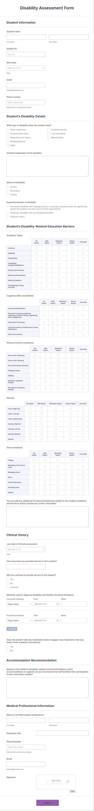 Disability Assessment Form Template
