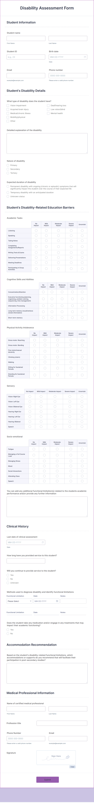 Disability Assessment Form Template
