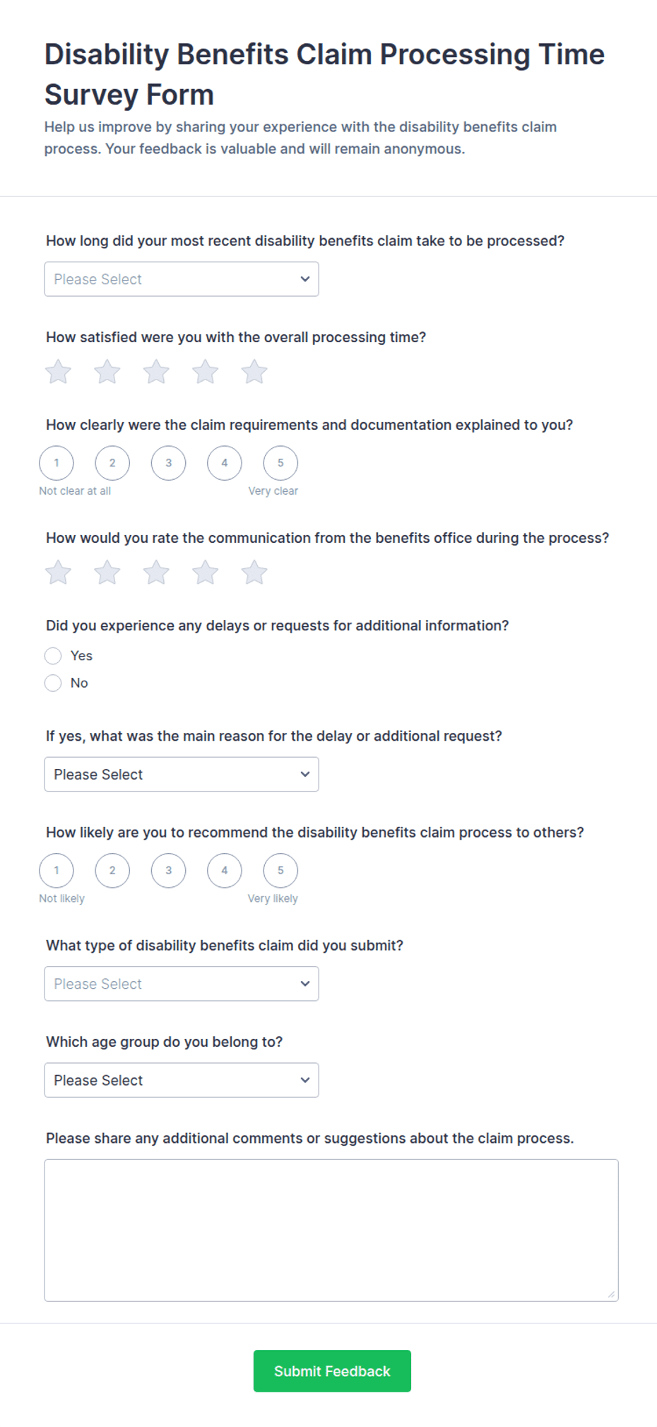 Disability Benefits Claim Processing Time Survey Form Template | Jotform