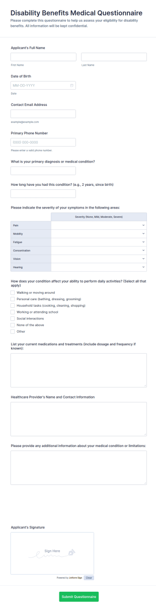 Disability Benefits Medical Questionnaire Form Template