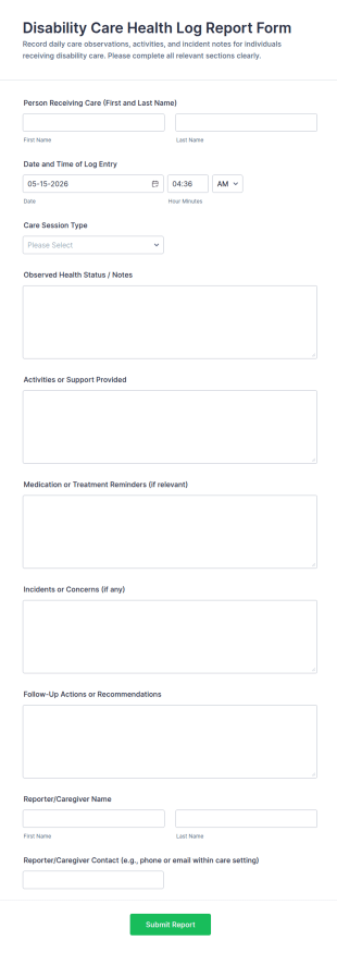 Disability Care Health Log Report Form Template