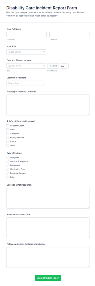 Disability Care Incident Report Form Template