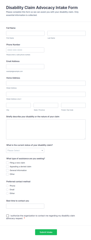 Disability Claim Advocacy Intake Form Template