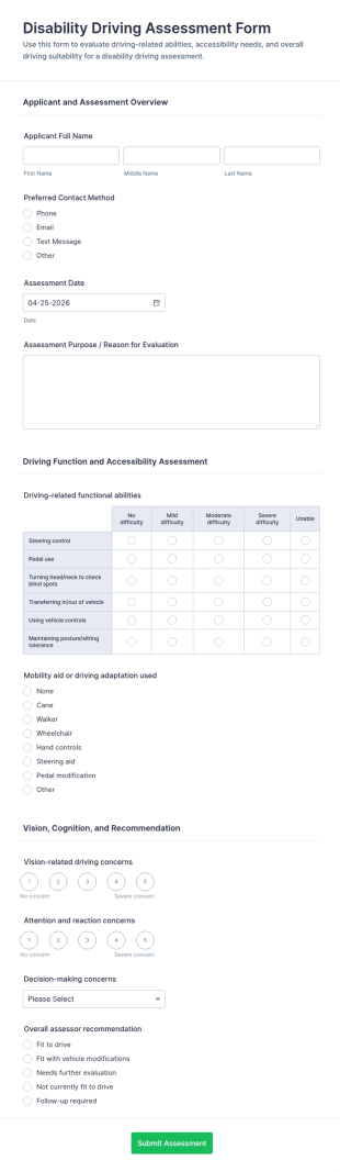 Disability Driving Assessment Form Template