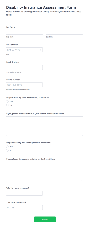 Disability Insurance Assessment Form Form Template