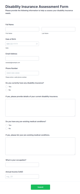 Disability Insurance Assessment Form Template