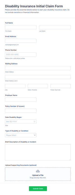 Disability Insurance Initial Claim Form Template