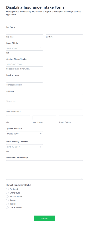 Disability Insurance Intake Form Form Template