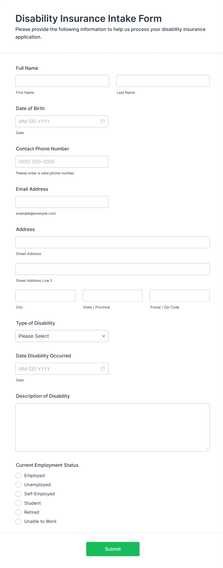 Disability Insurance Intake Form Template | Jotform