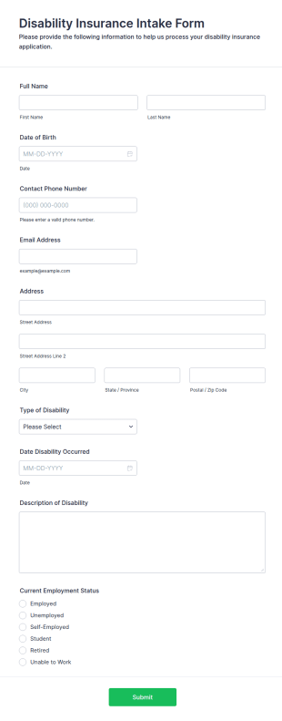 Disability Insurance Intake Form Template