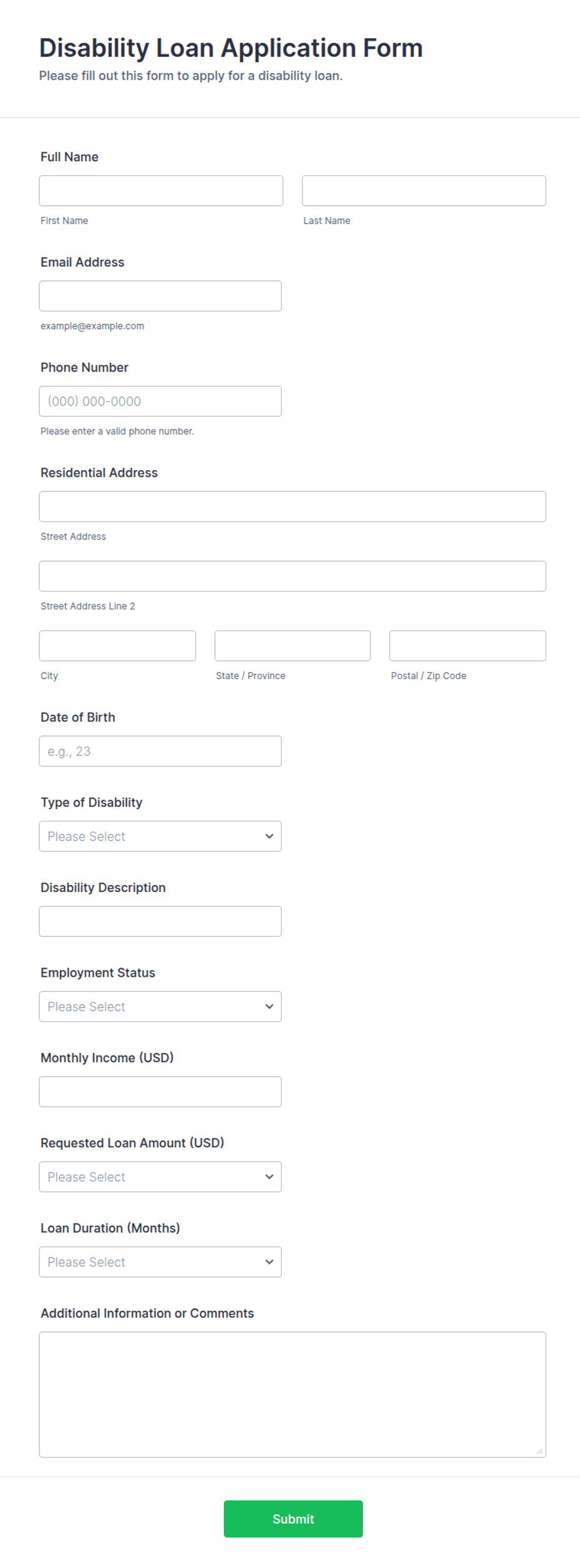Disability Loan Application Form Template | Jotform