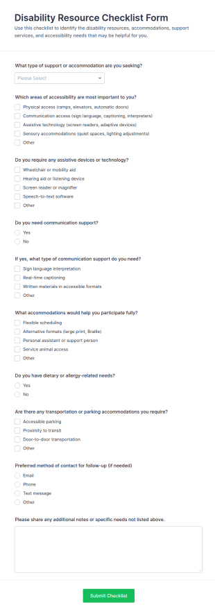 Disability Resource Checklist Form Template