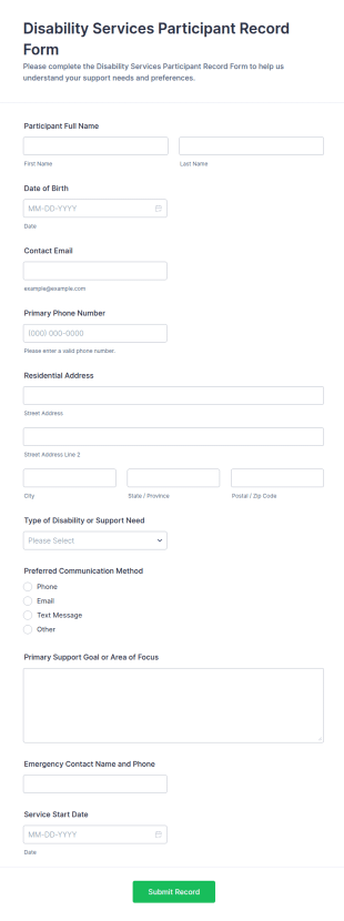 Disability Services Participant Record Form Template