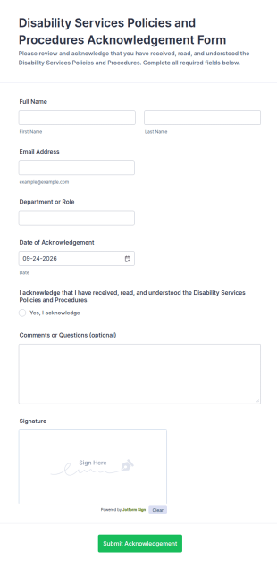 Disability Services Policies And Procedures Acknowledgement Form Template
