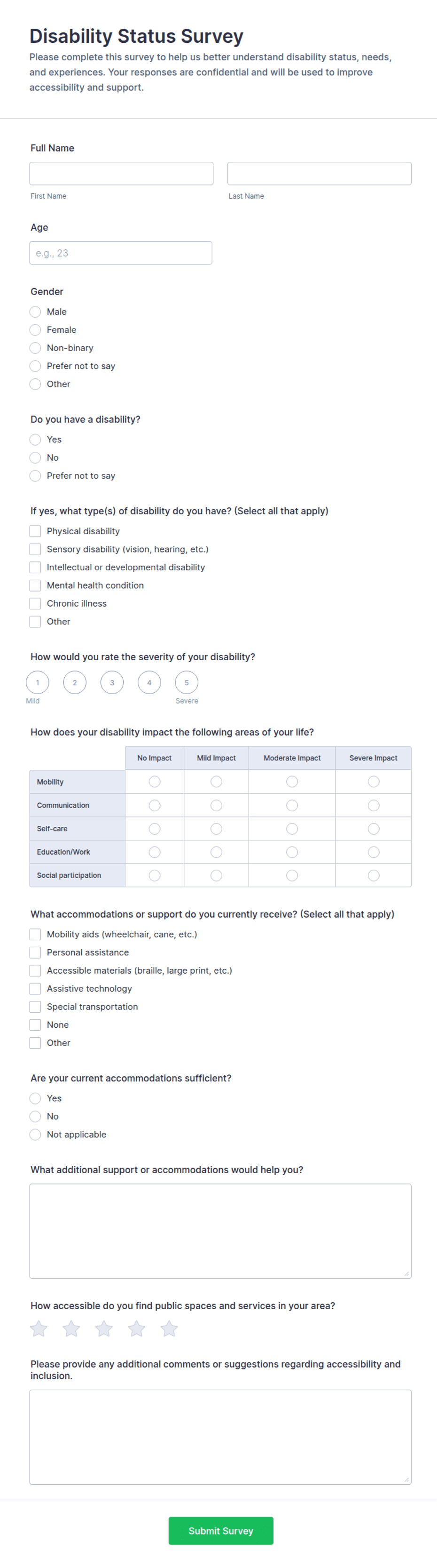Disability Questionnaire Examples Disability Status Survey Form Template | Jotform