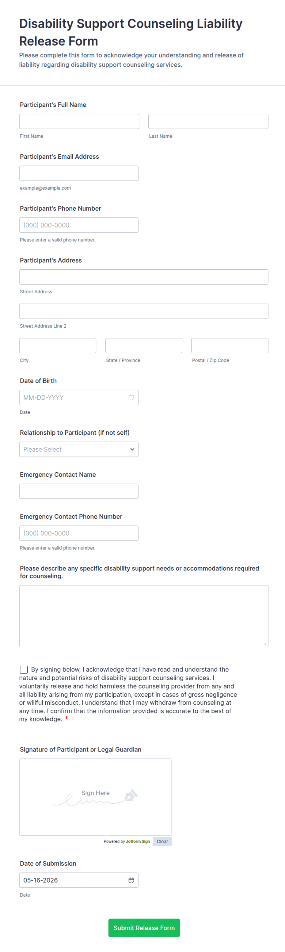 Disability Support Counseling Liability Release Form Template | Jotform