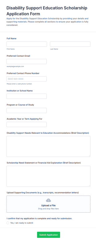Disability Support Education Scholarship Application Form Template