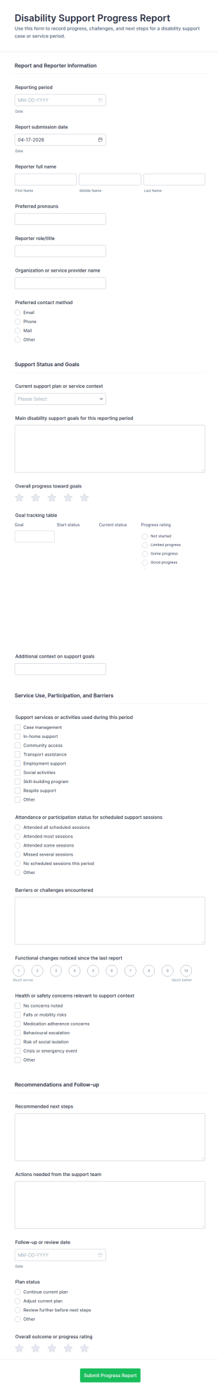 Disability Support Progress Report Form Template