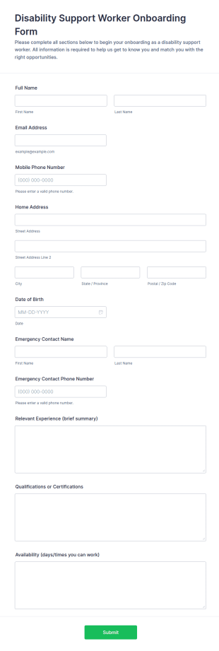 Disability Support Worker Onboarding Form Template