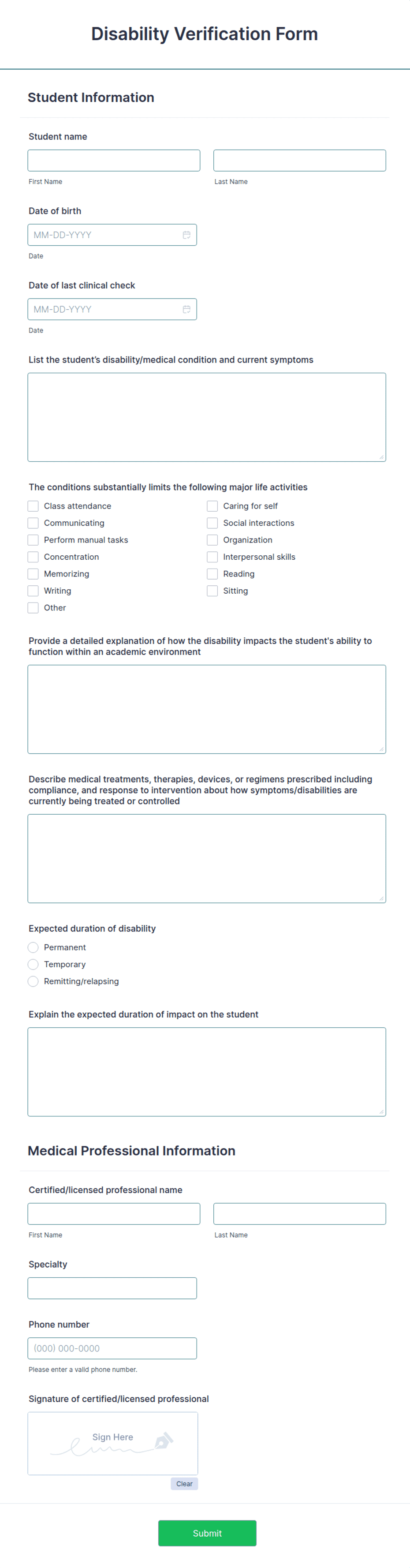 Student Disability Verification Form Template | Jotform