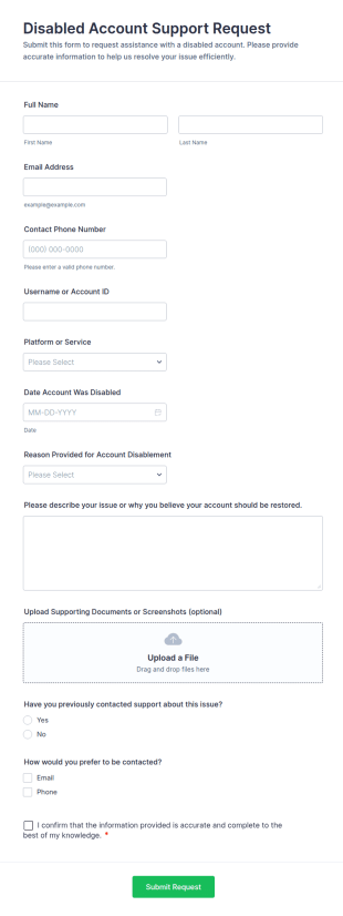 Disabled Account Support Request Form Template