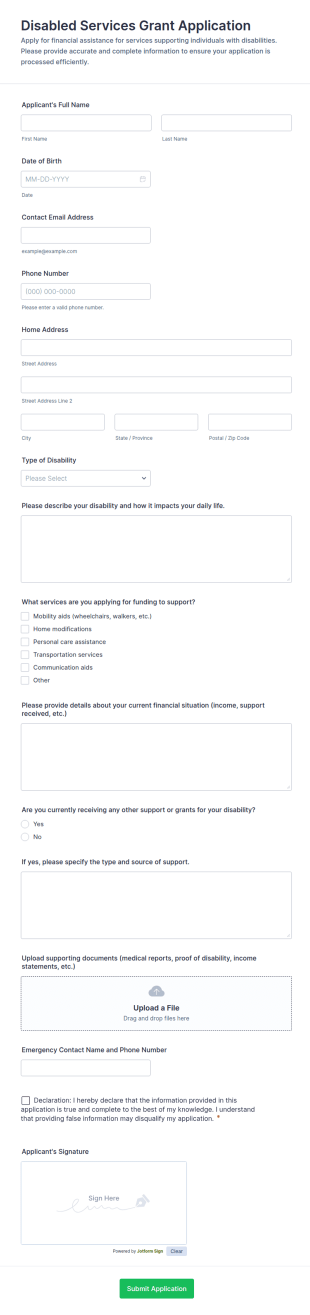 Disabled Services Grant Application Form Template