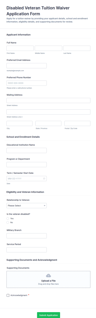 Disabled Veteran Tuition Waiver Application Form Template