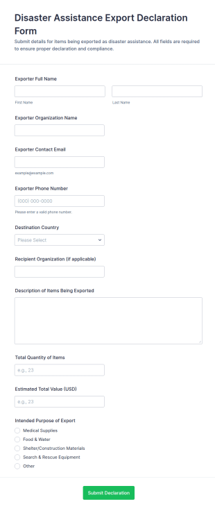 Disaster Assistance Export Declaration Form Template