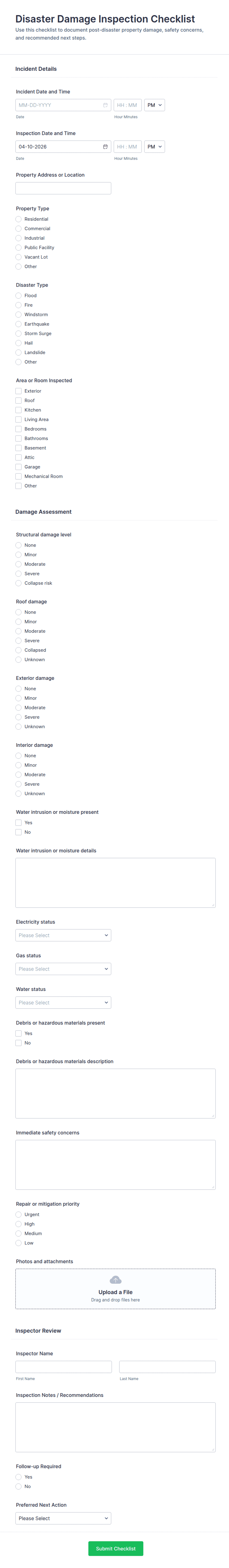 Disaster Damage Inspection Checklist Form Template | Jotform