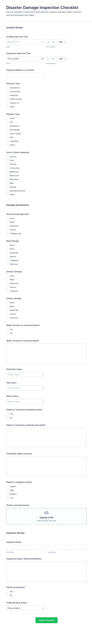 Disaster Damage Inspection Checklist Form Template