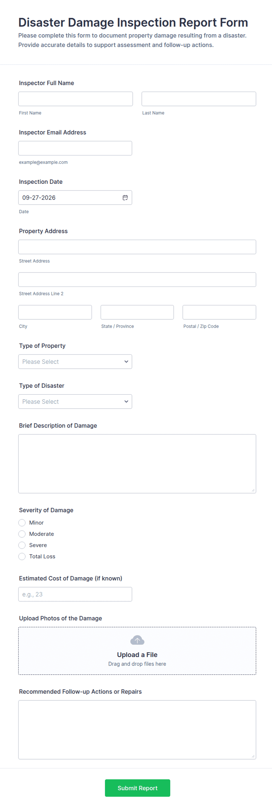 Example Insection Report Form Disaster Damage Inspection Report Form Template | Jotform