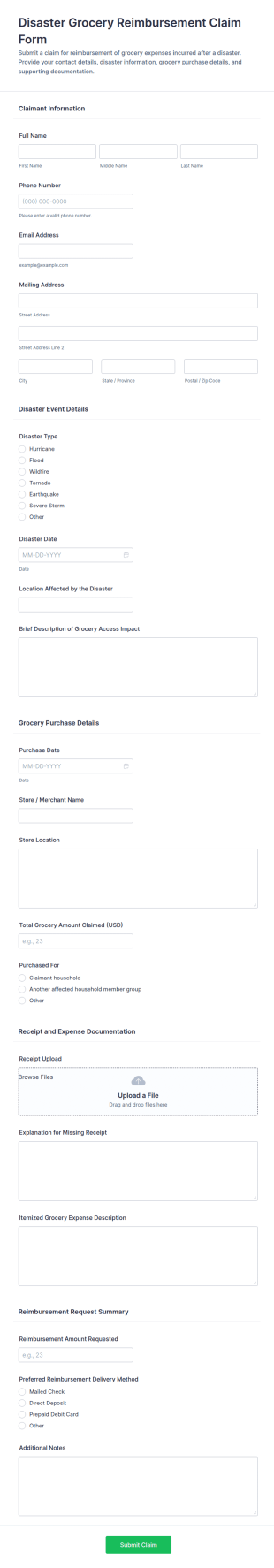 Disaster Grocery Reimbursement Claim Form Template