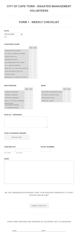 Disaster Management Checklist Form Template