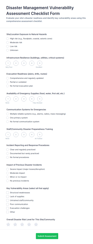 Disaster Management Vulnerability Assessment Checklist Form Template