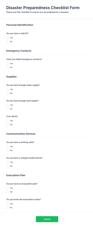 Disaster Preparedness Checklist Form Template